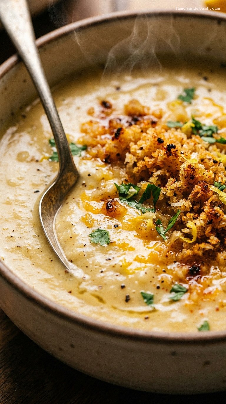 Creamy Cauliflower Cheddar Soup with Crispy Breadcrumbs