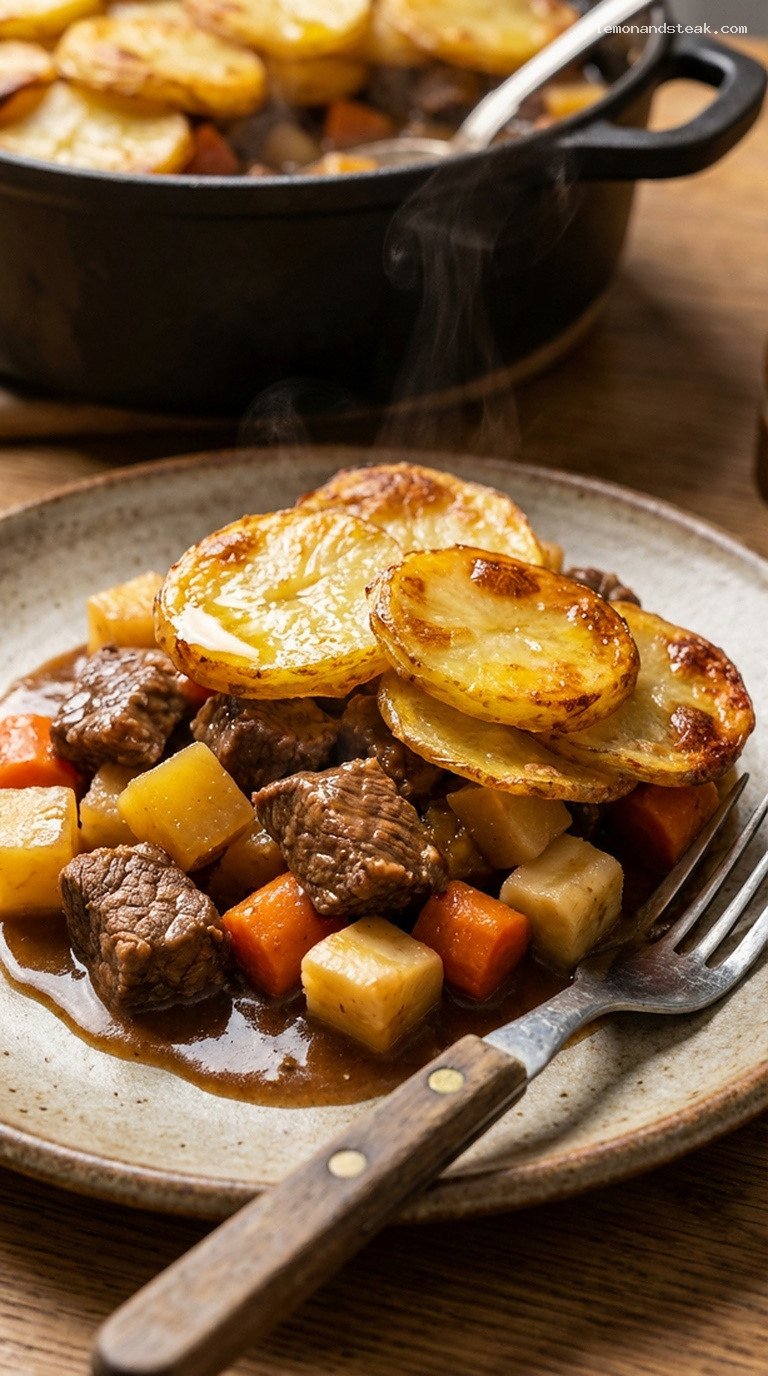 Beef and Root Vegetable Hot Pot with Crispy Potato Top – Closeup