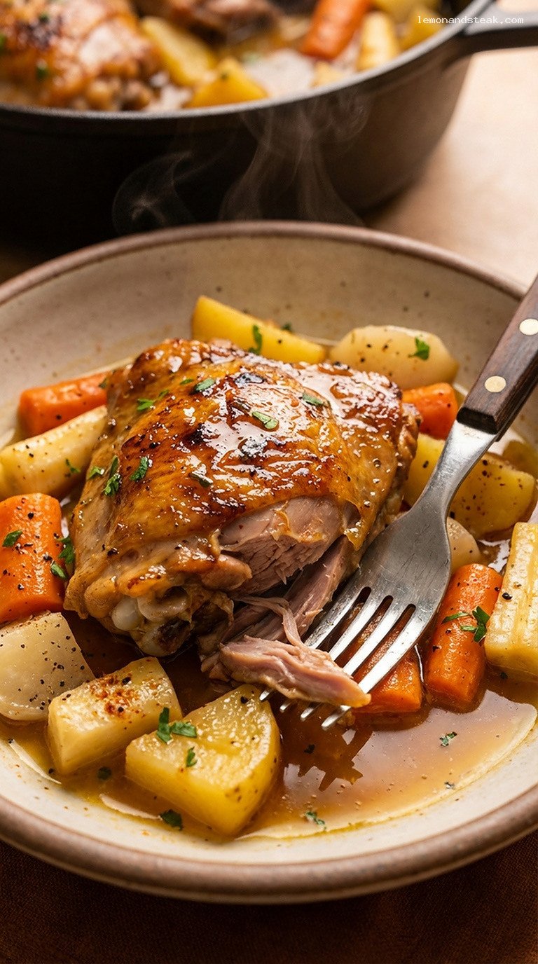 Braised Turkey Thighs with Root Vegetables and Herb Broth – Closeup
