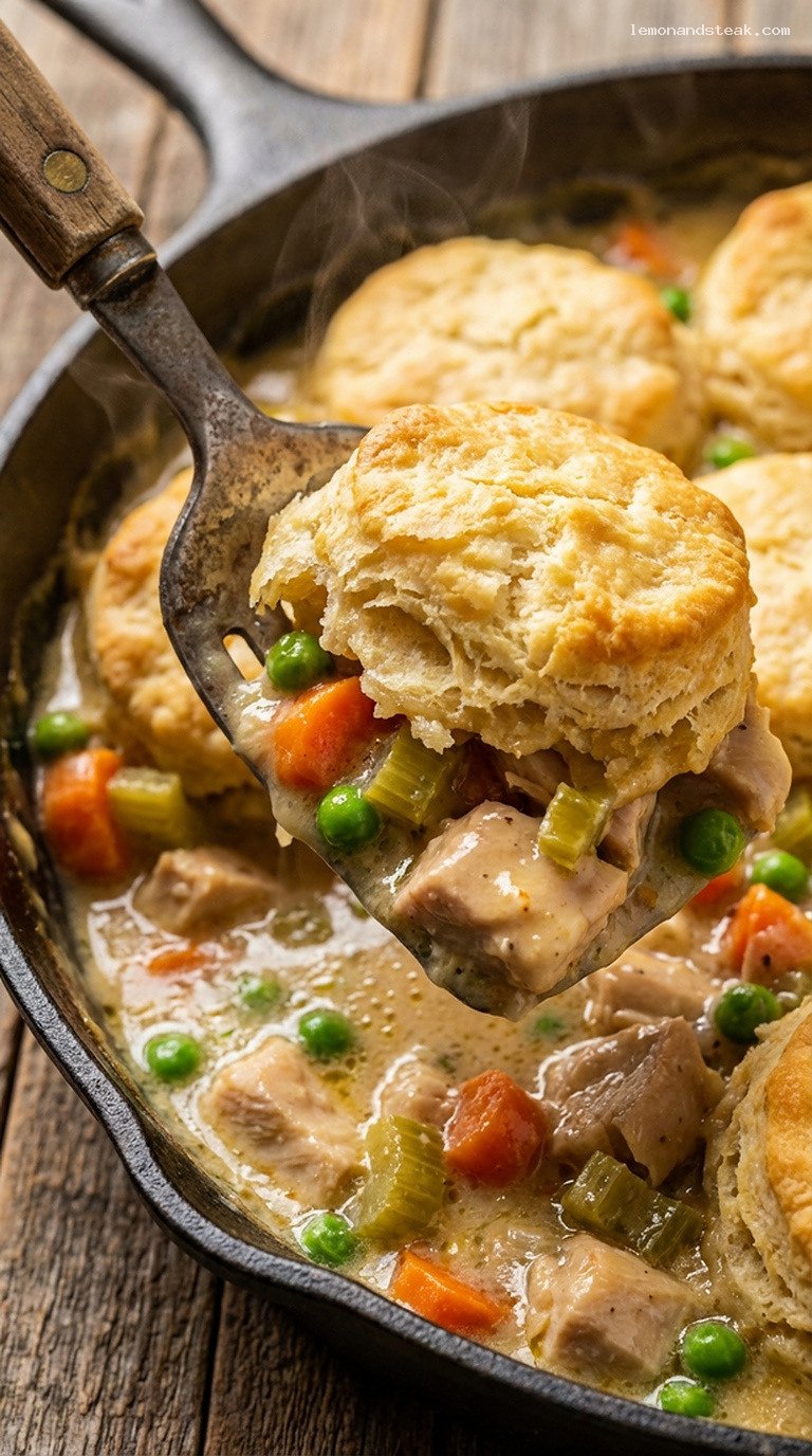 Buttermilk Biscuit Chicken Pot Pie Skillet – Closeup