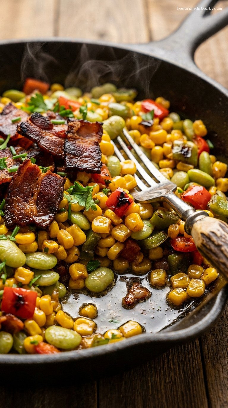 Campfire Bacon and Corn Skillet Succotash with Maple Butter – Closeup