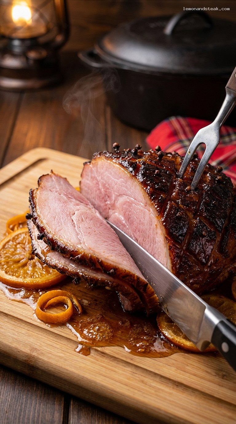Campfire Brown Sugar Glazed Ham with Orange and Cloves – Closeup