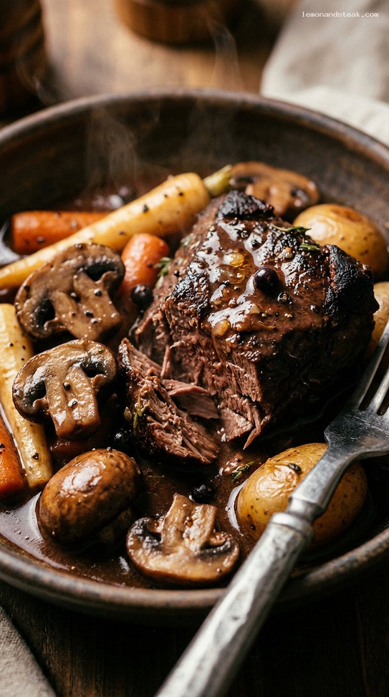 Campfire Elk and Mushroom Roast with Juniper Root Vegetables – Closeup