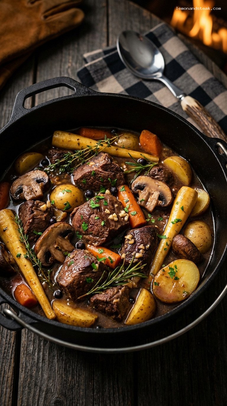 Campfire Elk and Mushroom Roast with Juniper Root Vegetables