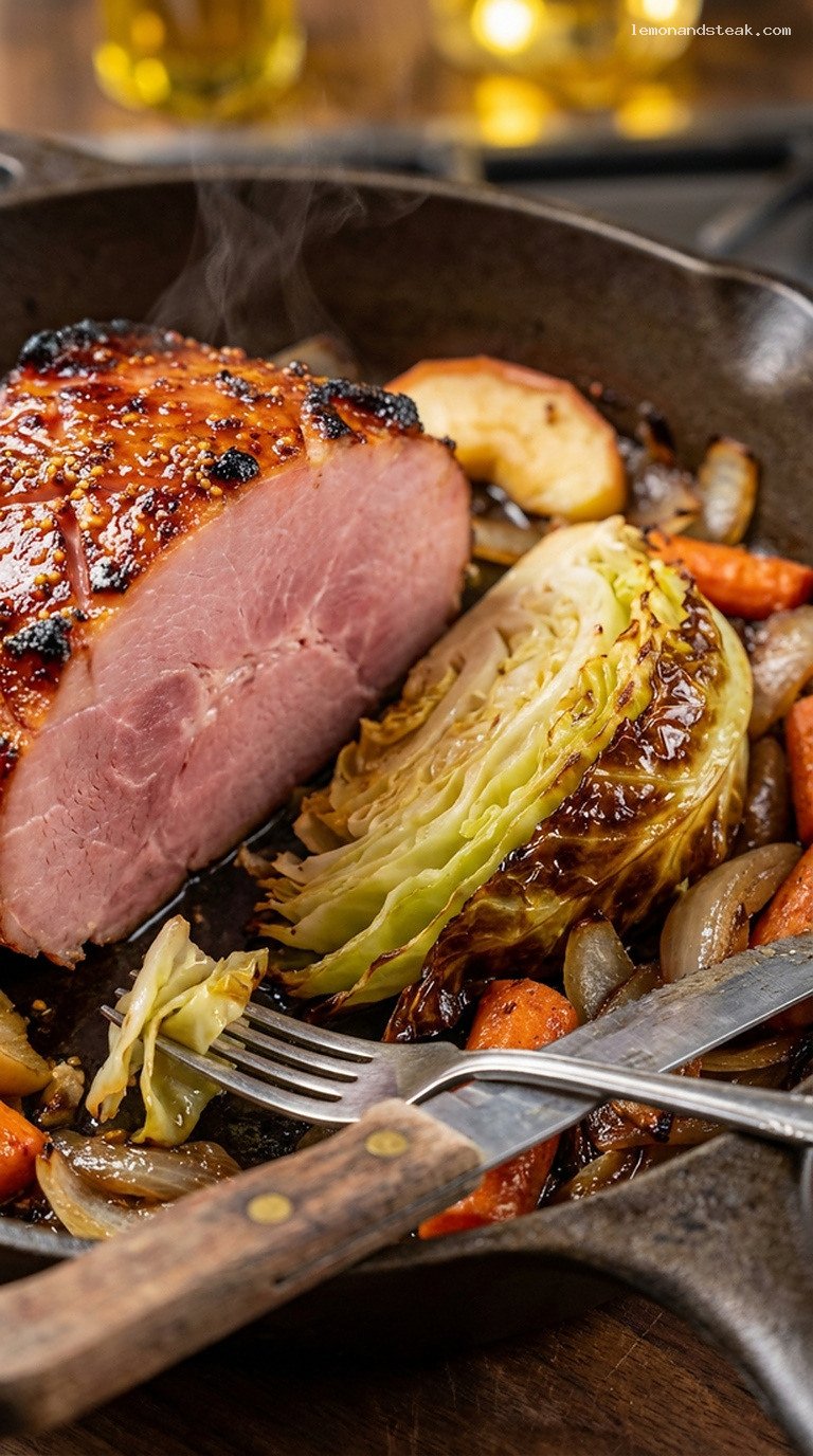 Caramelized Applewood Ham and Cabbage Hearth Roast – Closeup
