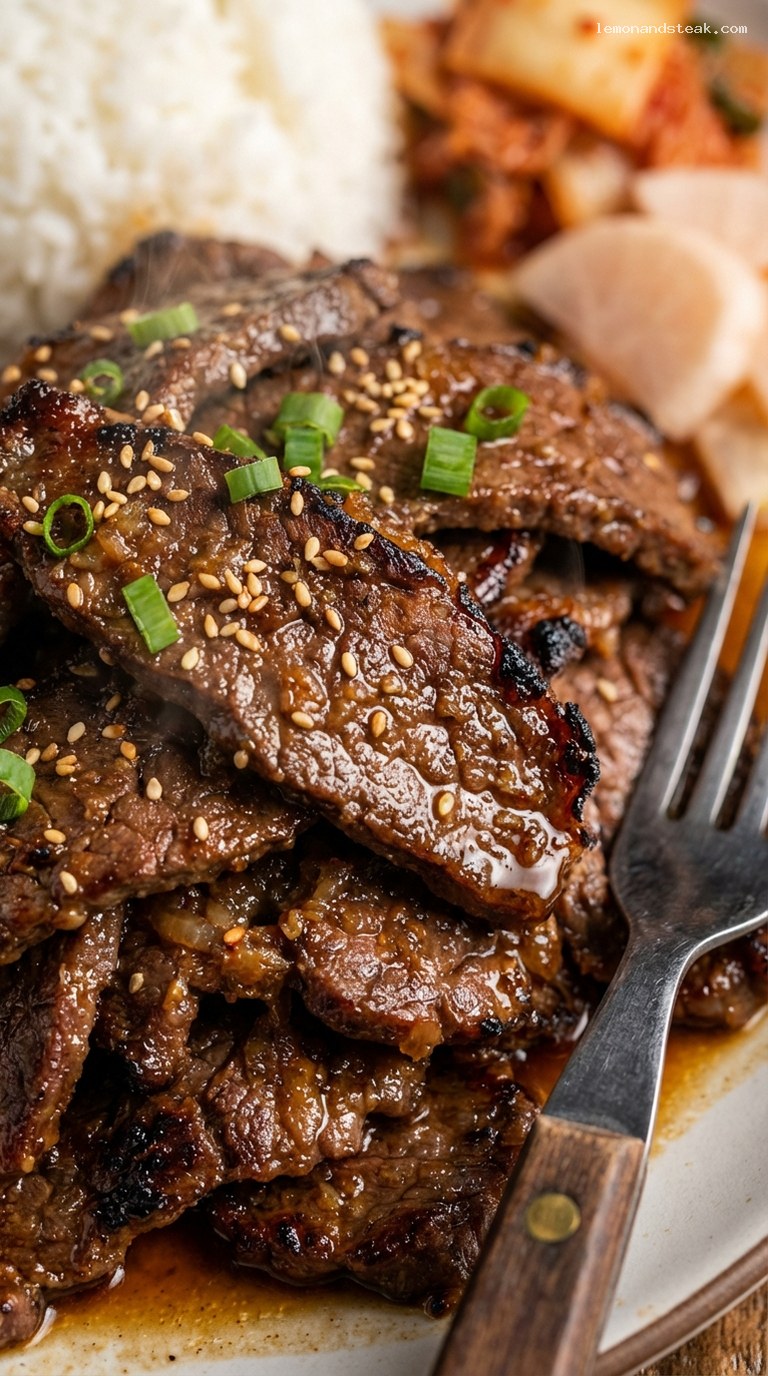 Caramelized Korean Bulgogi Beef with Sesame and Scallions – Closeup