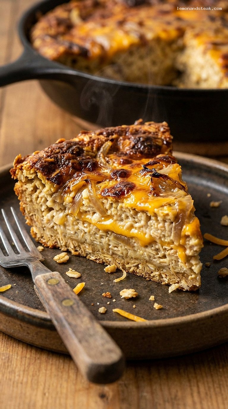 Cast-Iron Caramelized Onion and Cheddar Oat Bake – Closeup