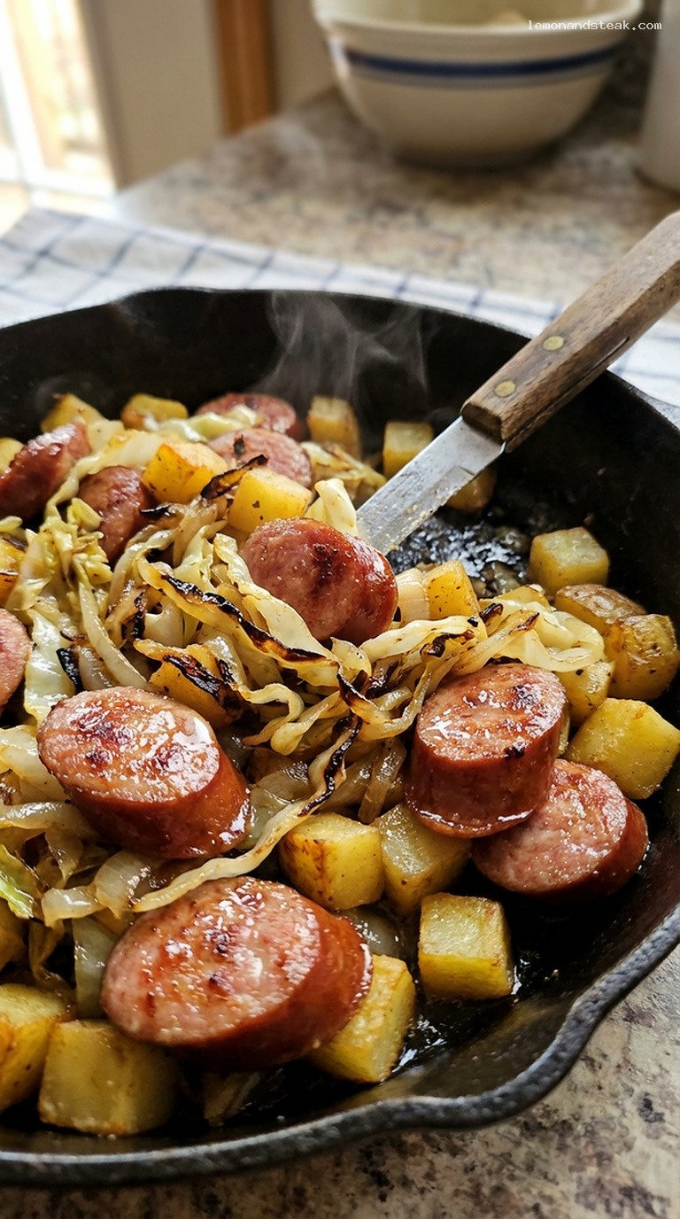 Cast-Iron Kielbasa, Potato, and Cabbage Skillet – Closeup