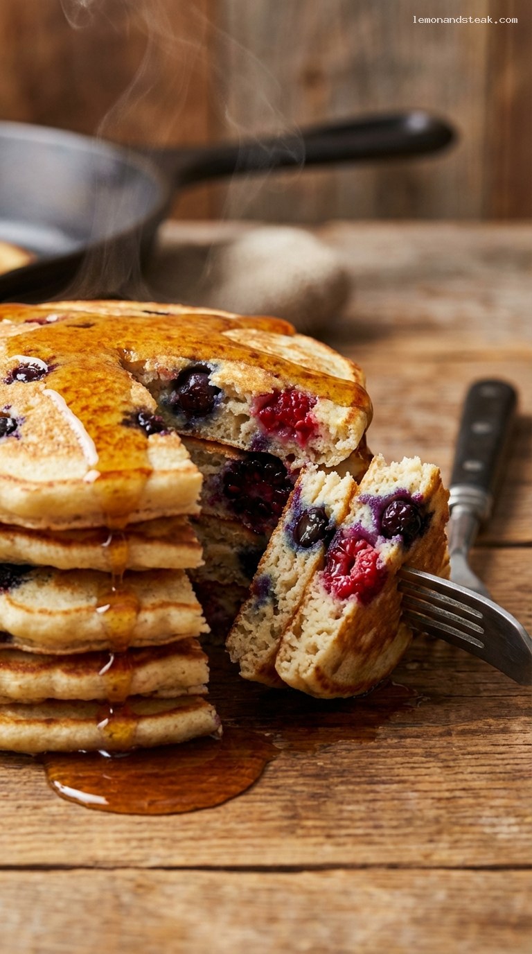 Cast-Iron Mountain Berry Flapjack Stack With Vanilla – Closeup