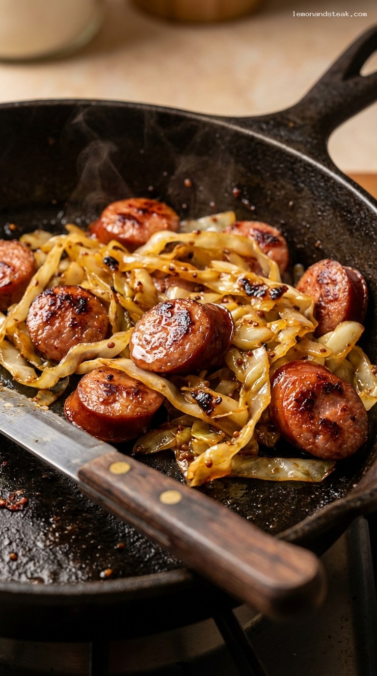 Cast Iron Sausage and Caramelized Cabbage Skillet – Closeup