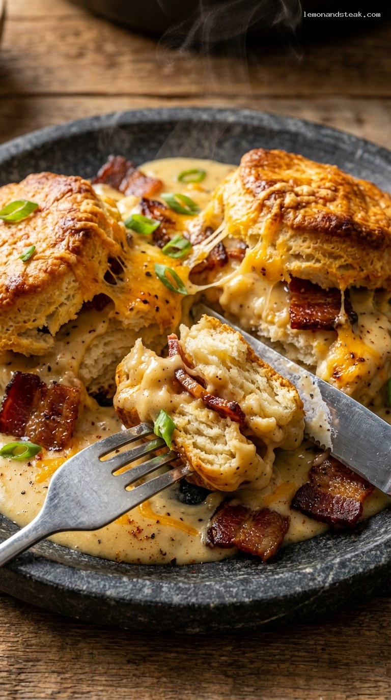 Cheddar Bacon Biscuits and Gravy Bake – Closeup