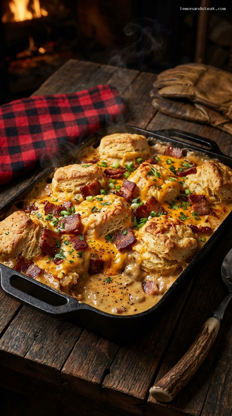 Cheddar Bacon Biscuits and Gravy Bake