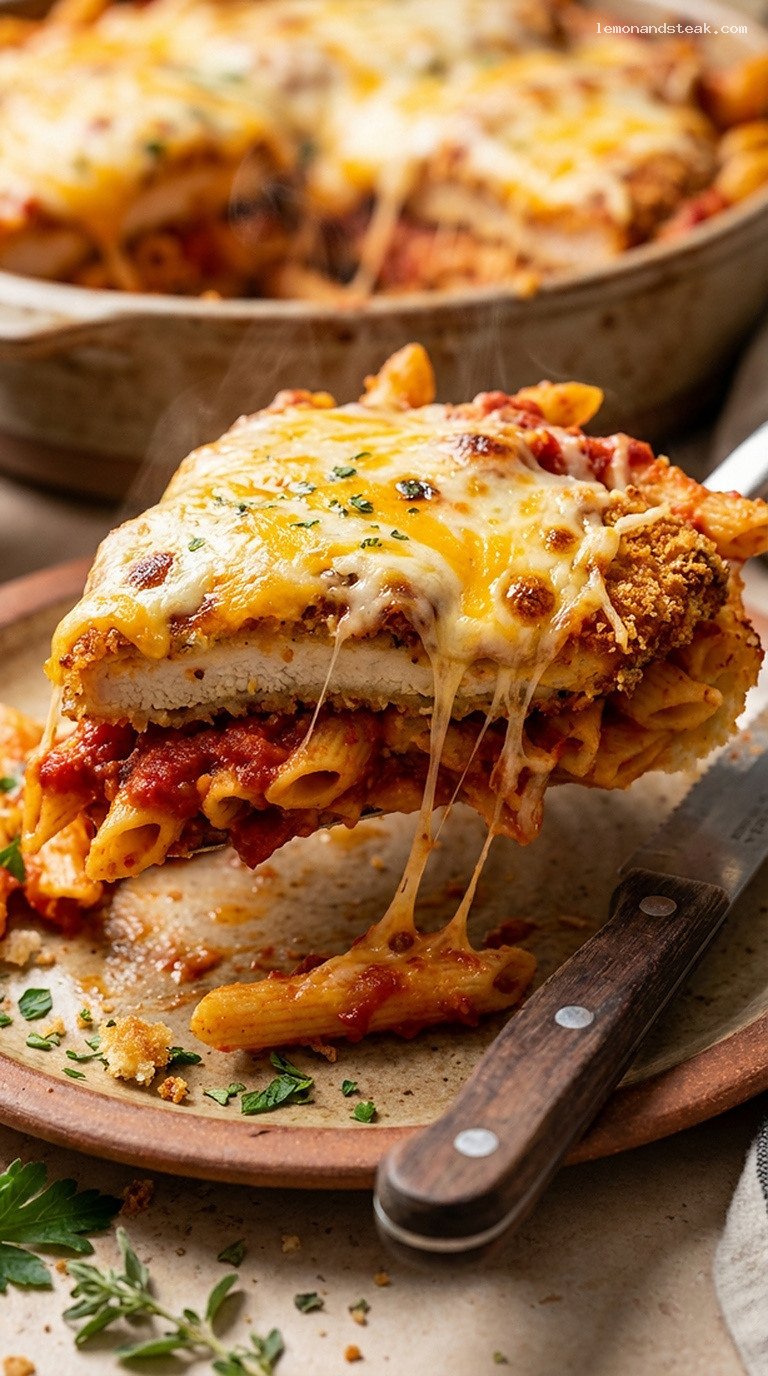 Cheddar-Topped Chicken Parmesan Pasta Bake – Closeup