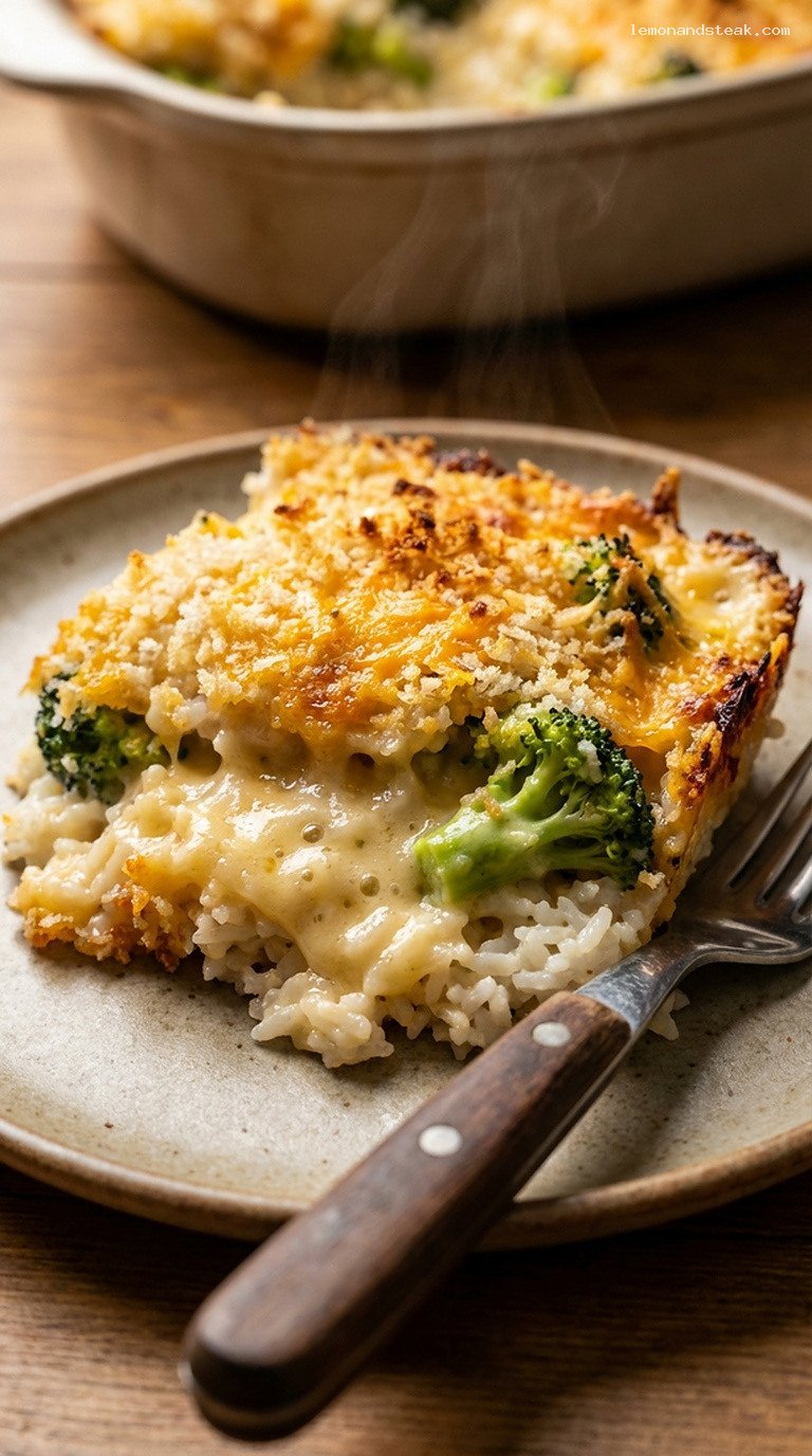 Cheesy Broccoli and Rice Bake with Crispy Topping – Closeup