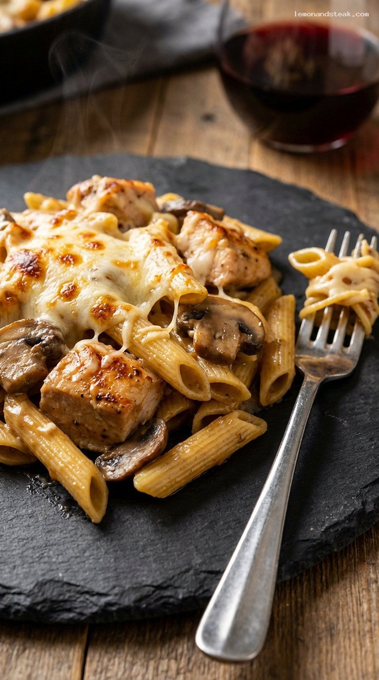 Cheesy Chicken Marsala Pasta Bake with Mushrooms – Closeup