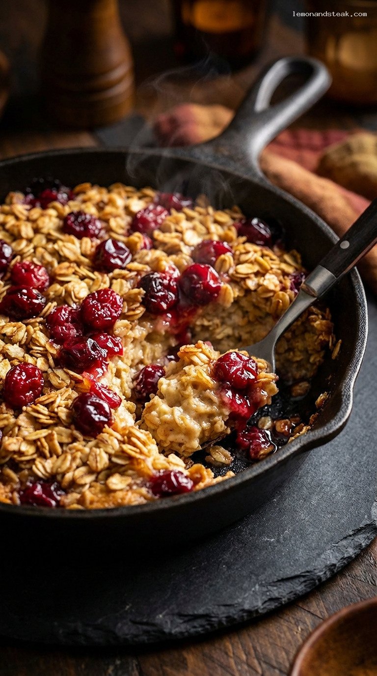 Cinnamon Maple Cranberry Baked Oatmeal Skillet – Closeup