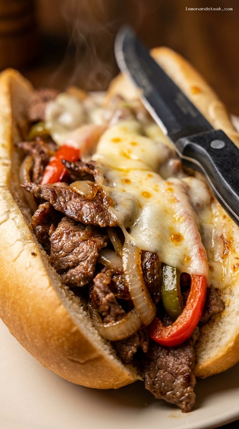 Classic Philly Cheesesteak with Provolone and Caramelized Onions – Closeup