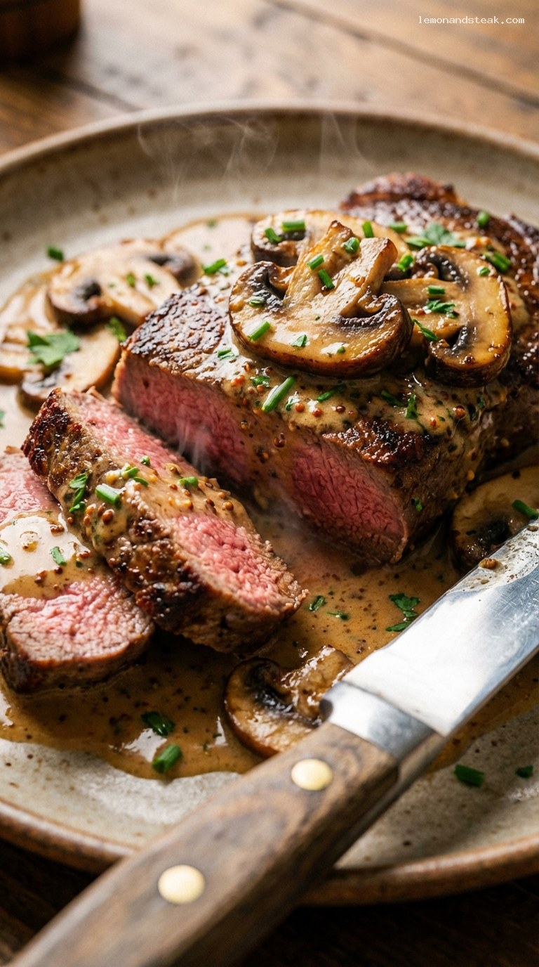 Classic Steak Diane with Mushrooms and Cognac Cream Sauce – Closeup