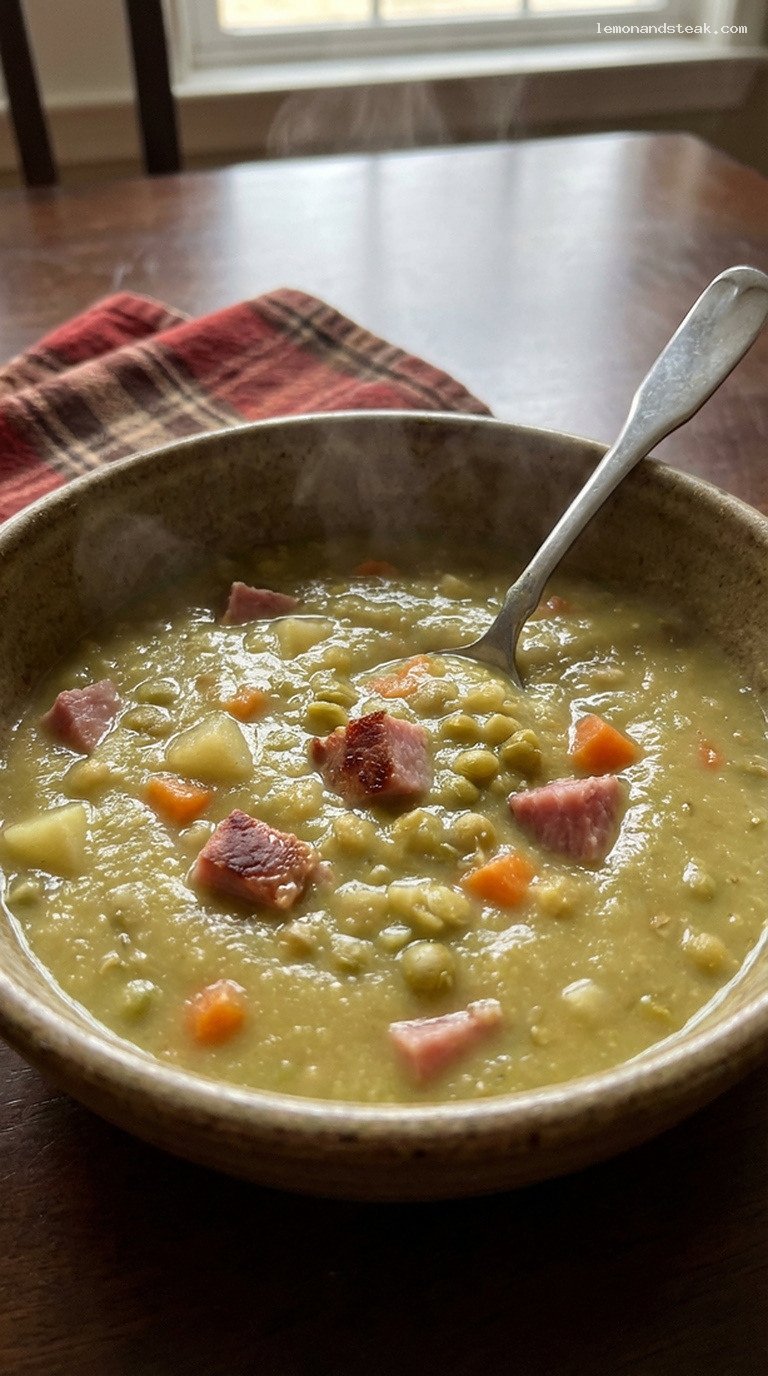 Comforting Smoky Ham and Split Pea Soup – Closeup