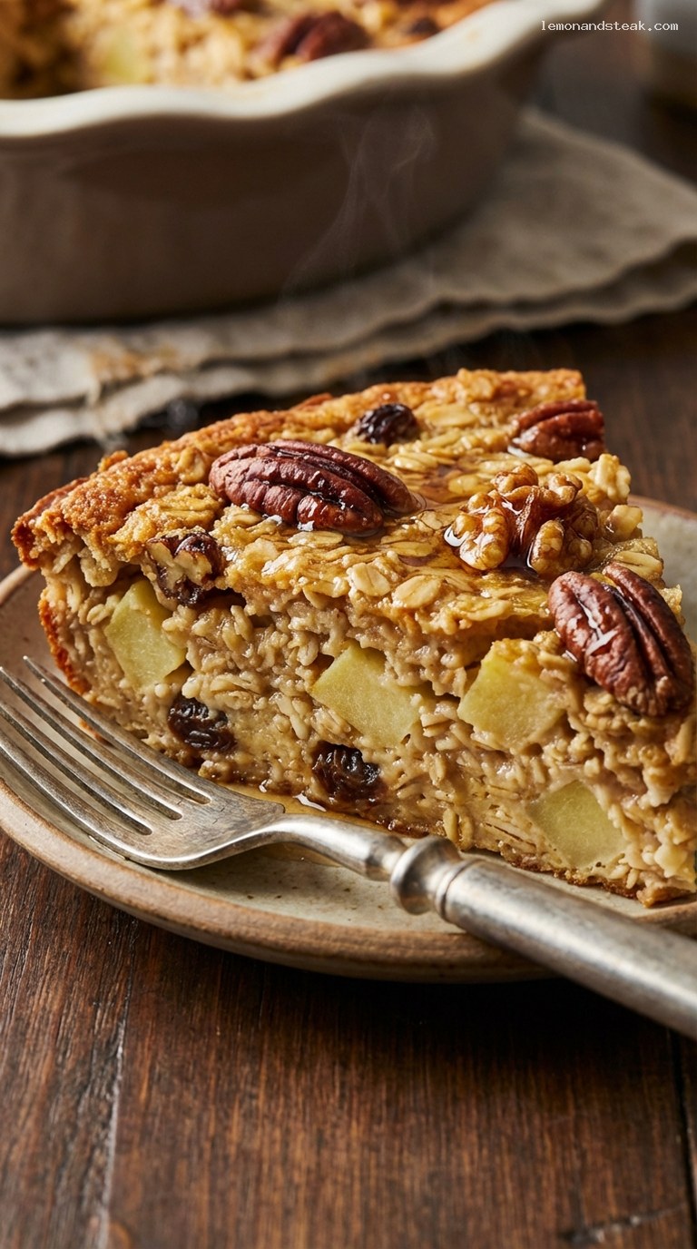 Cozy Apple Cinnamon Baked Oatmeal with Maple and Raisins – Closeup