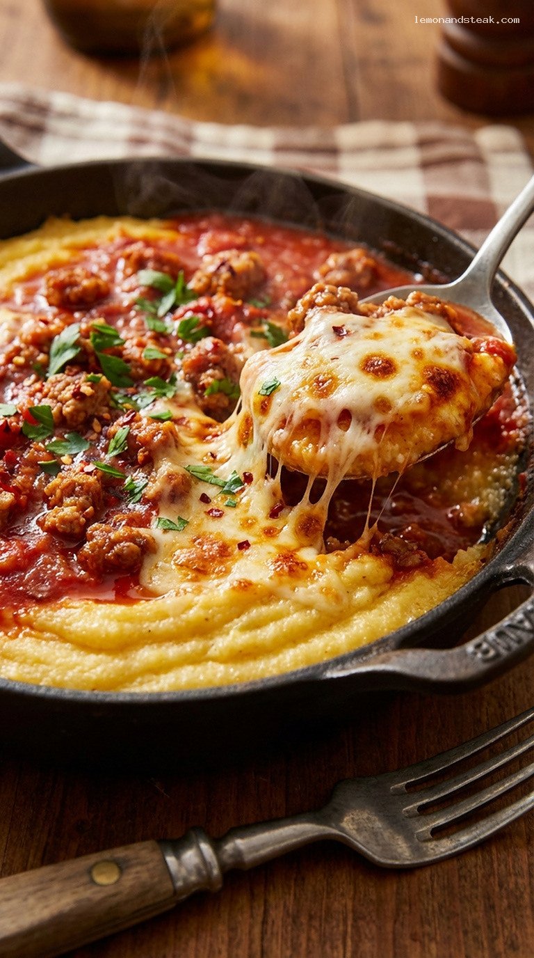 Cozy Baked Polenta with Sausage and Tomato Ragu – Closeup