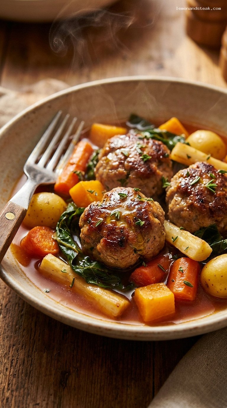 Cozy Braised Turkey Meatball Stew with Winter Vegetables – Closeup