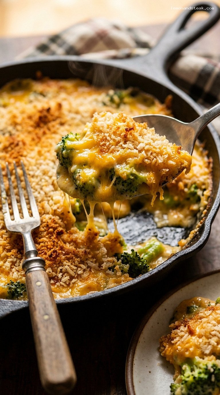 Cozy Cast-Iron Cheddar–Broccoli Farmhouse Bake – Closeup