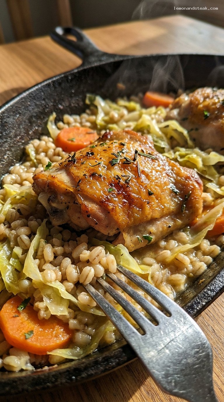 Cozy Cast Iron Chicken and Barley Cabbage Skillet – Closeup