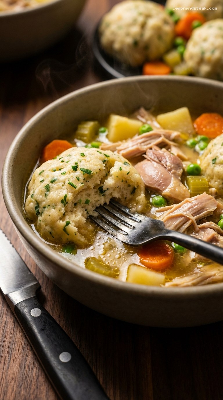 Cozy Chicken and Herb Dumpling Hearth Soup – Closeup