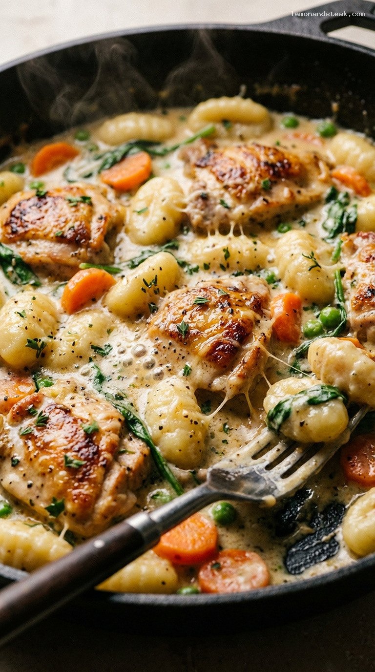 Cozy Creamy Chicken and Gnocchi Skillet with Vegetables – Closeup