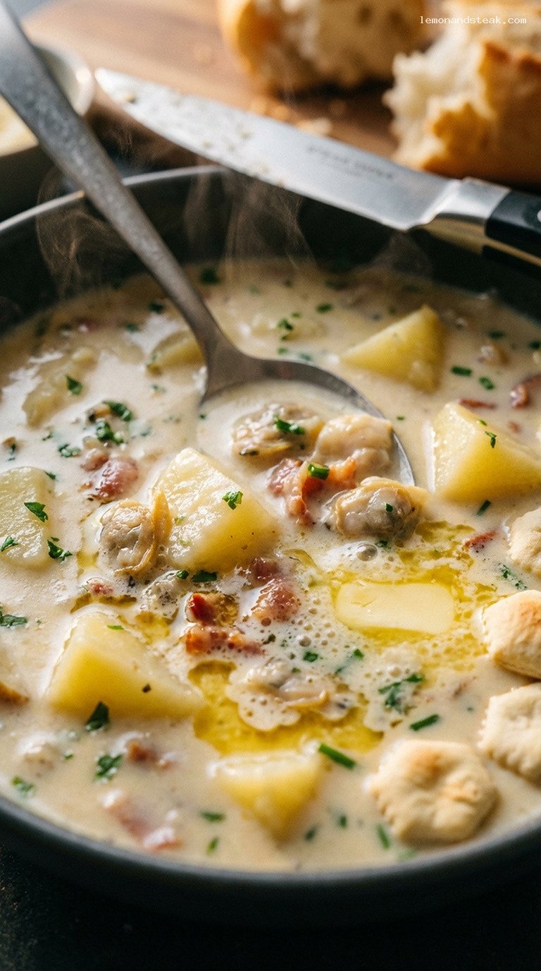 Cozy Creamy Clam Chowder with Potatoes and Aromatics – Closeup