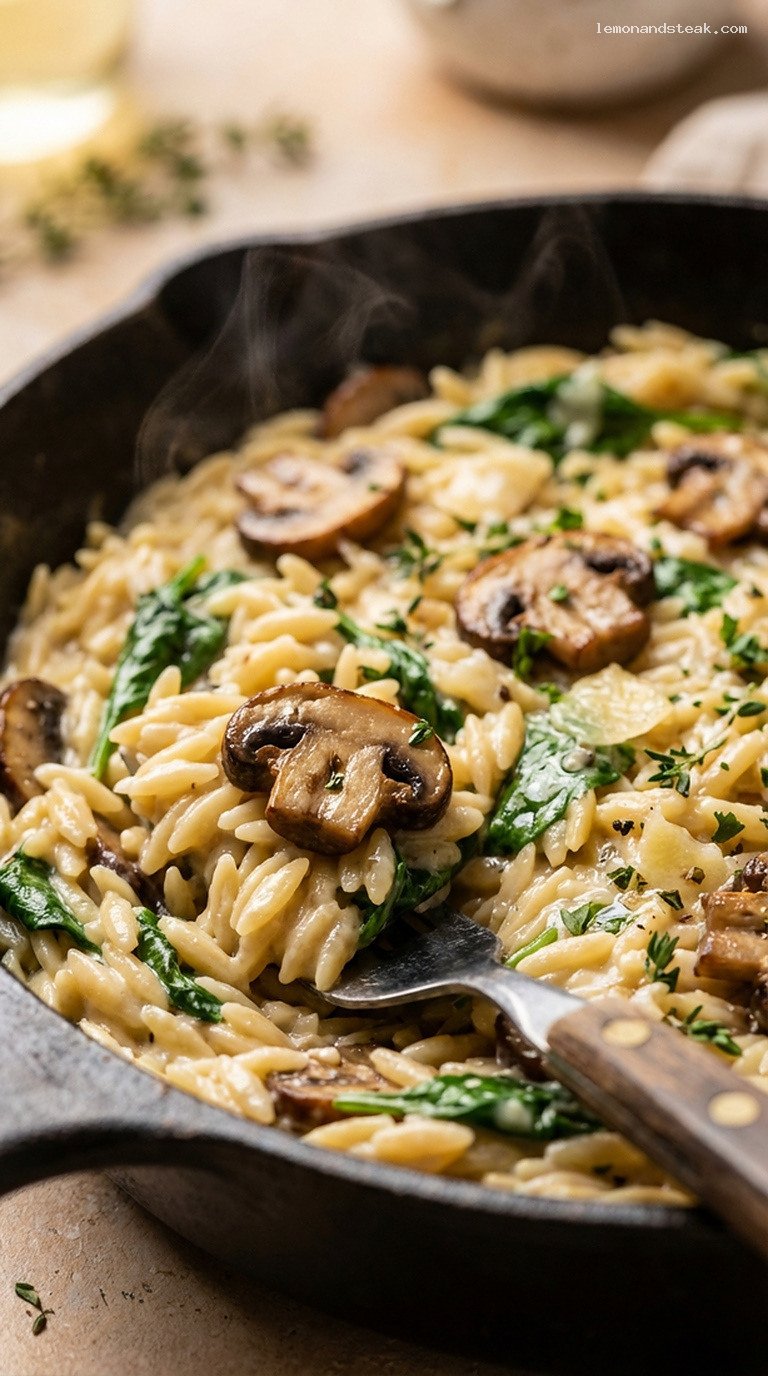 Cozy Creamy Spinach and Mushroom Orzo Risotto – Closeup
