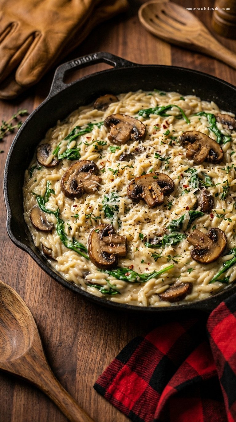 Cozy Creamy Spinach and Mushroom Orzo Risotto