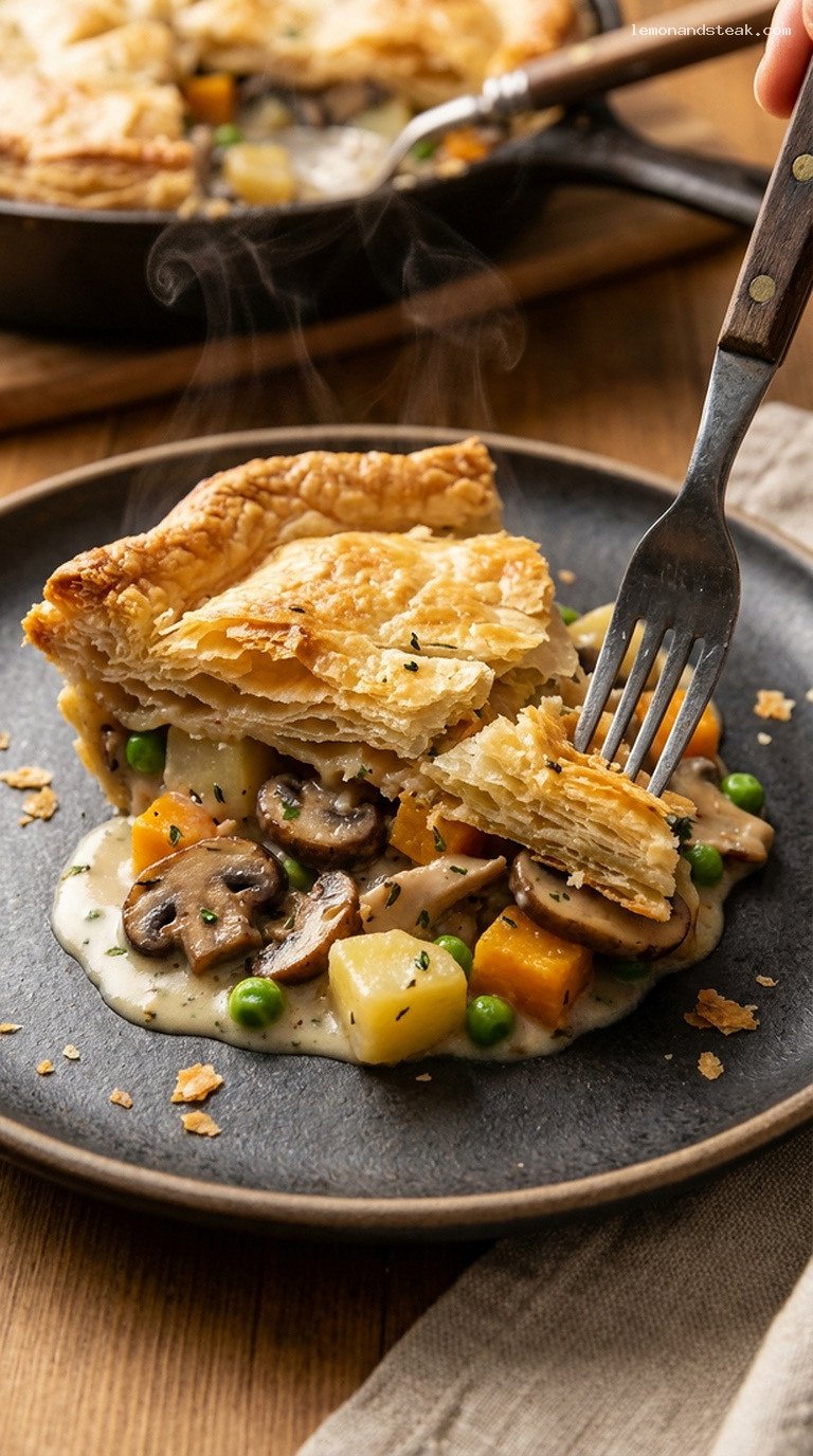 Cozy Creamy Vegetable and Wild Mushroom Pot Pie – Closeup