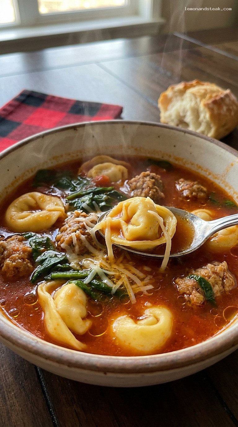 Cozy Italian Sausage and Tortellini Soup with Spinach – Closeup