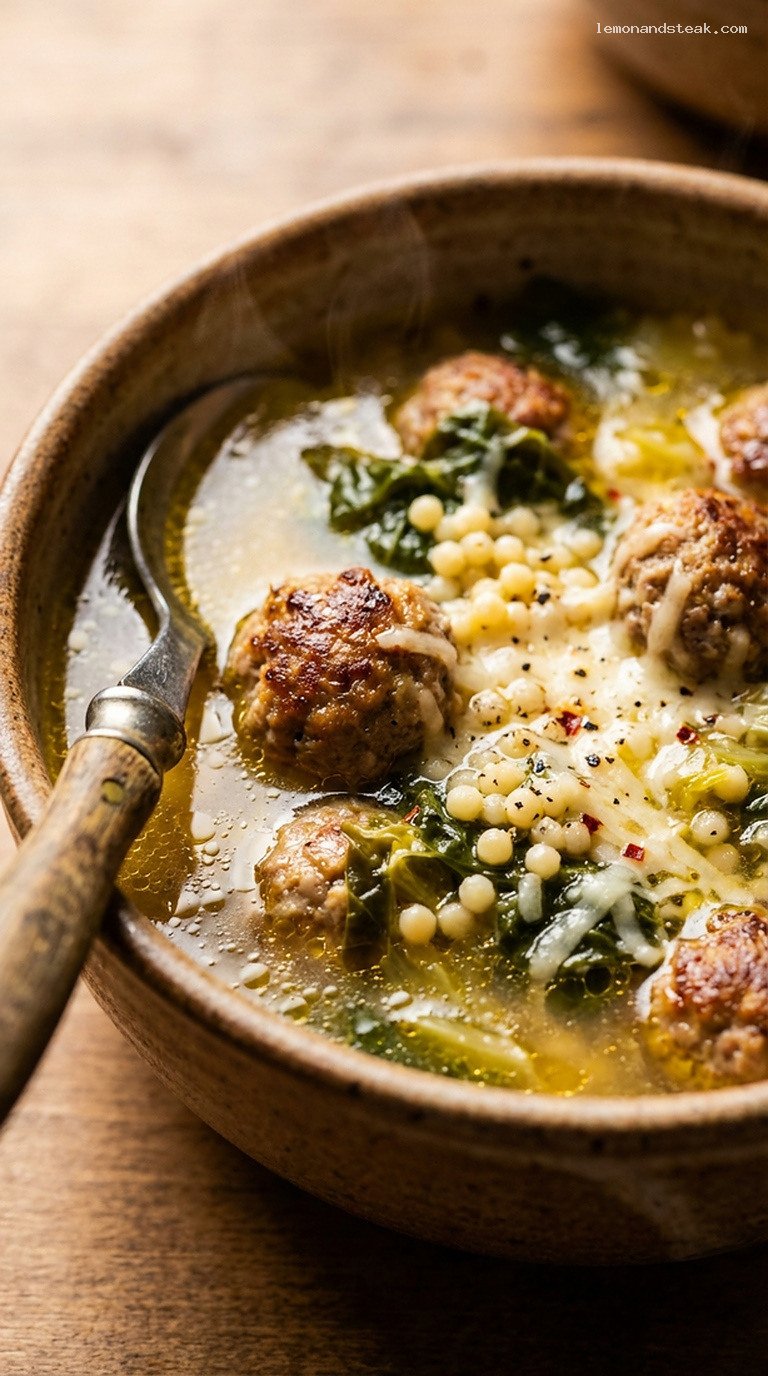 Cozy Italian Wedding Soup with Meatballs and Greens – Closeup