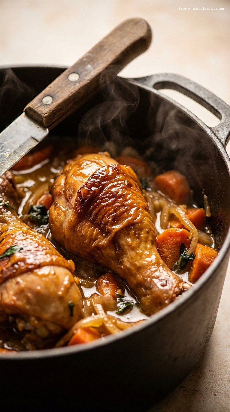 Cozy Maple-Braised Chicken Drumsticks with Carrots and Garlic – Closeup
