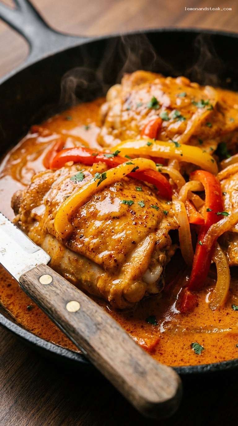 Cozy Paprika Braised Chicken Skillet with Peppers – Closeup