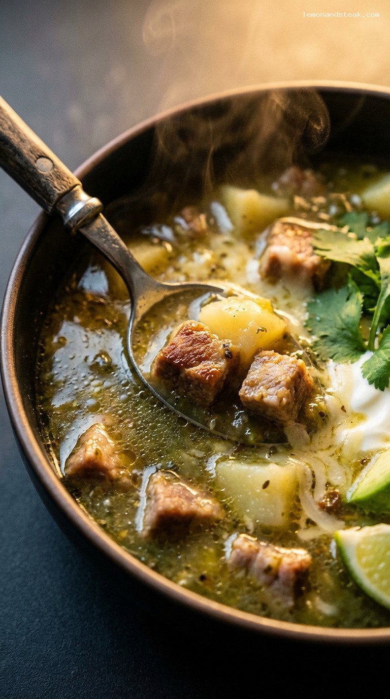 Cozy Pork and Potato Green Chile Stew – Closeup