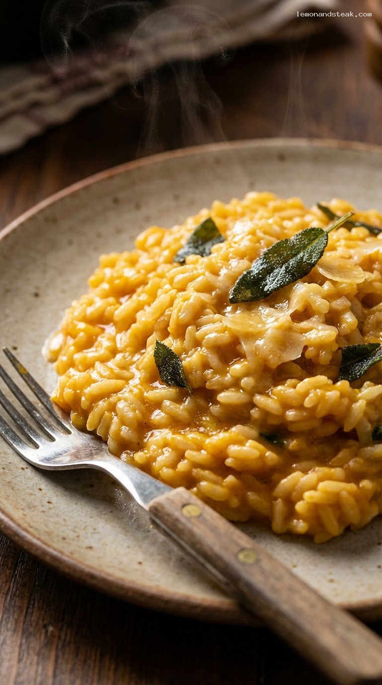 Cozy Pumpkin and Sage Risotto with Parmesan – Closeup