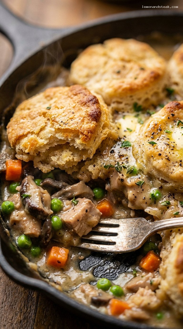 Cozy Turkey and Wild Mushroom Biscuit Bake – Closeup