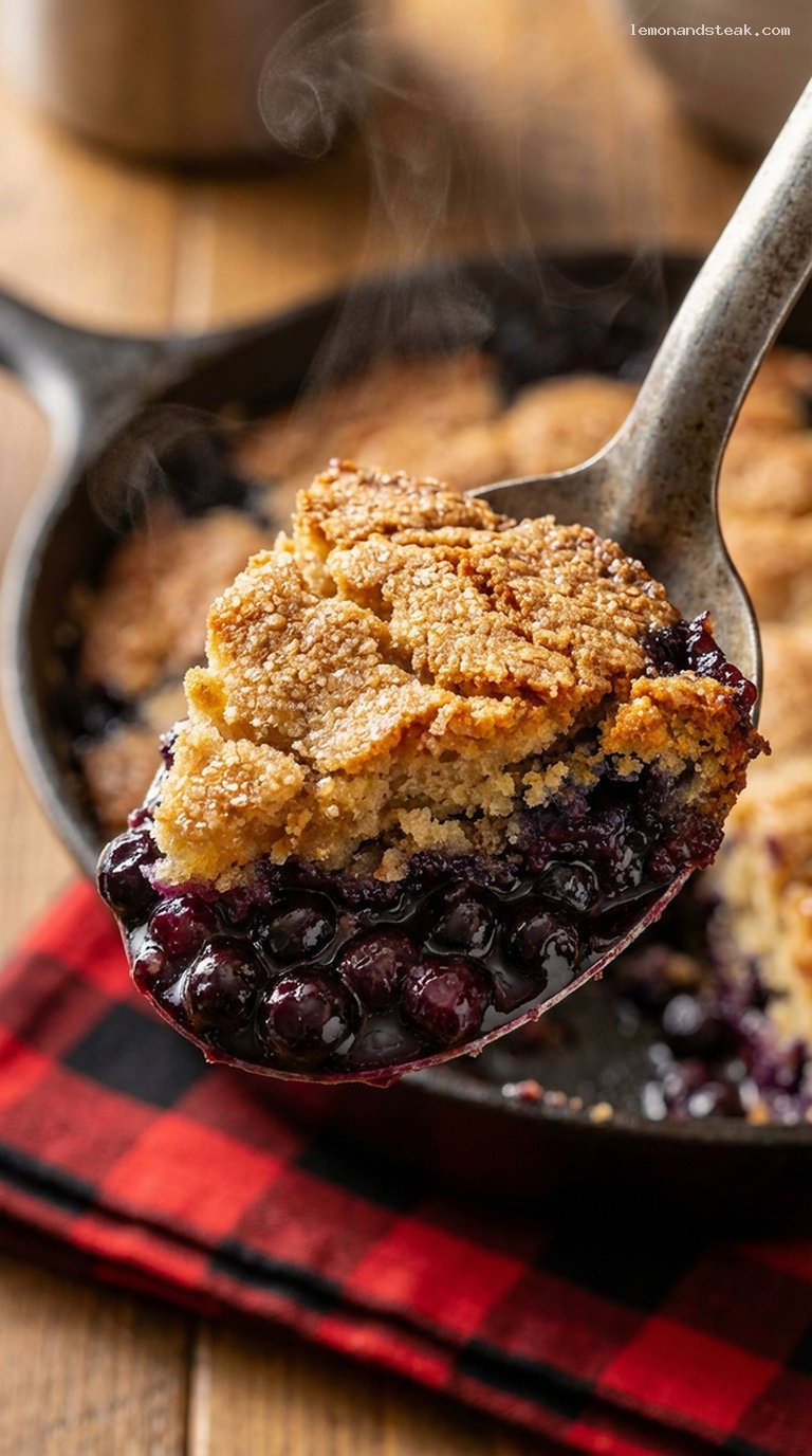 Cozy Wild Blueberry-Maple Skillet Buckle with Sugar-Crusted Topping – Closeup