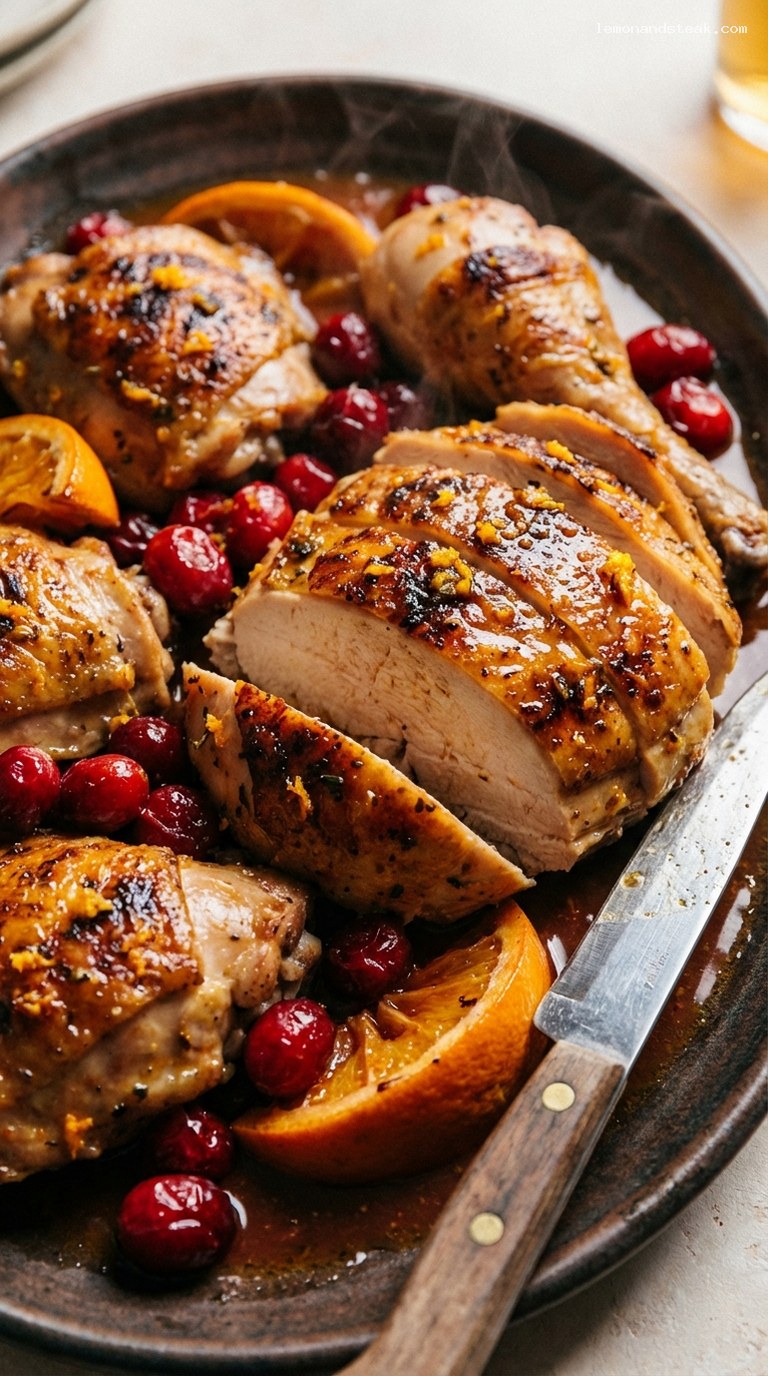 Cranberry Orange Hearth-Roasted Chicken with Rustic Herbs – Closeup