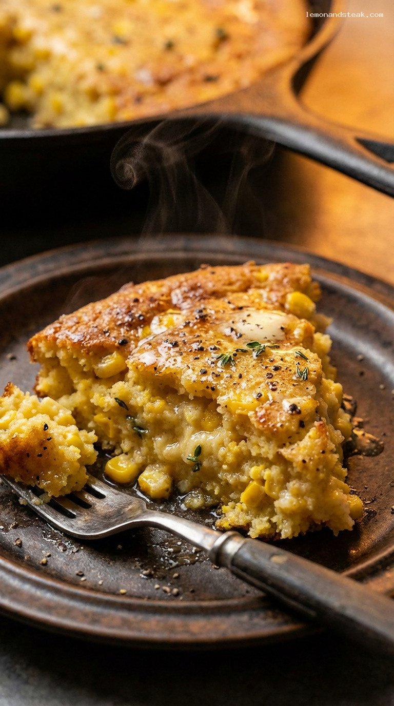 Creamed Corn Spoonbread With Thyme and Cracked Pepper – Closeup