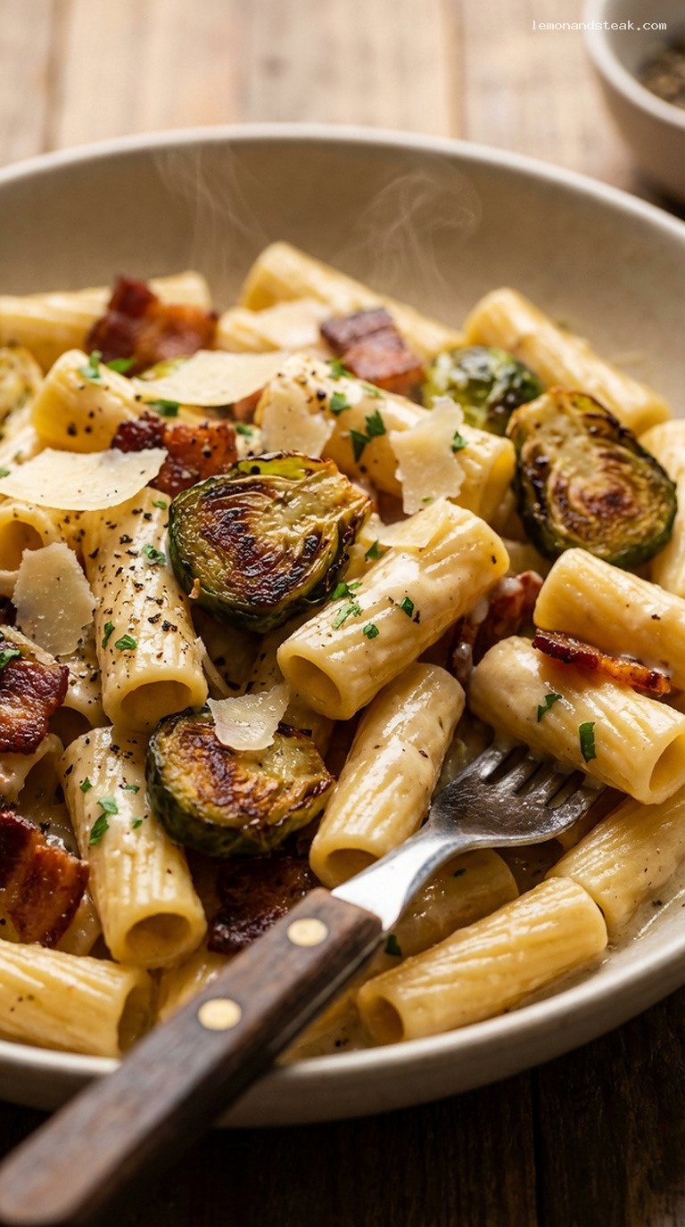 Creamy Bacon and Brussels Sprouts Parmesan Pasta – Closeup