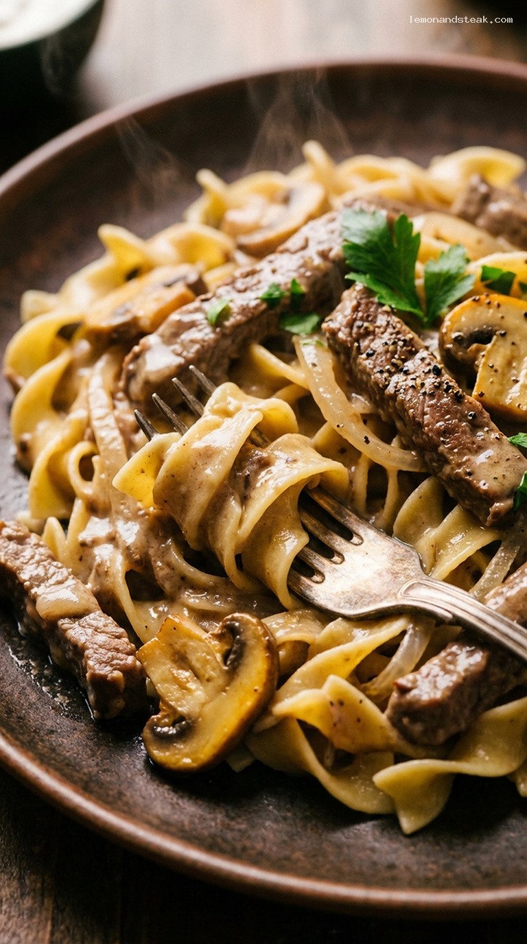 Creamy Beef Stroganoff With Mushrooms Over Egg Noodles – Closeup