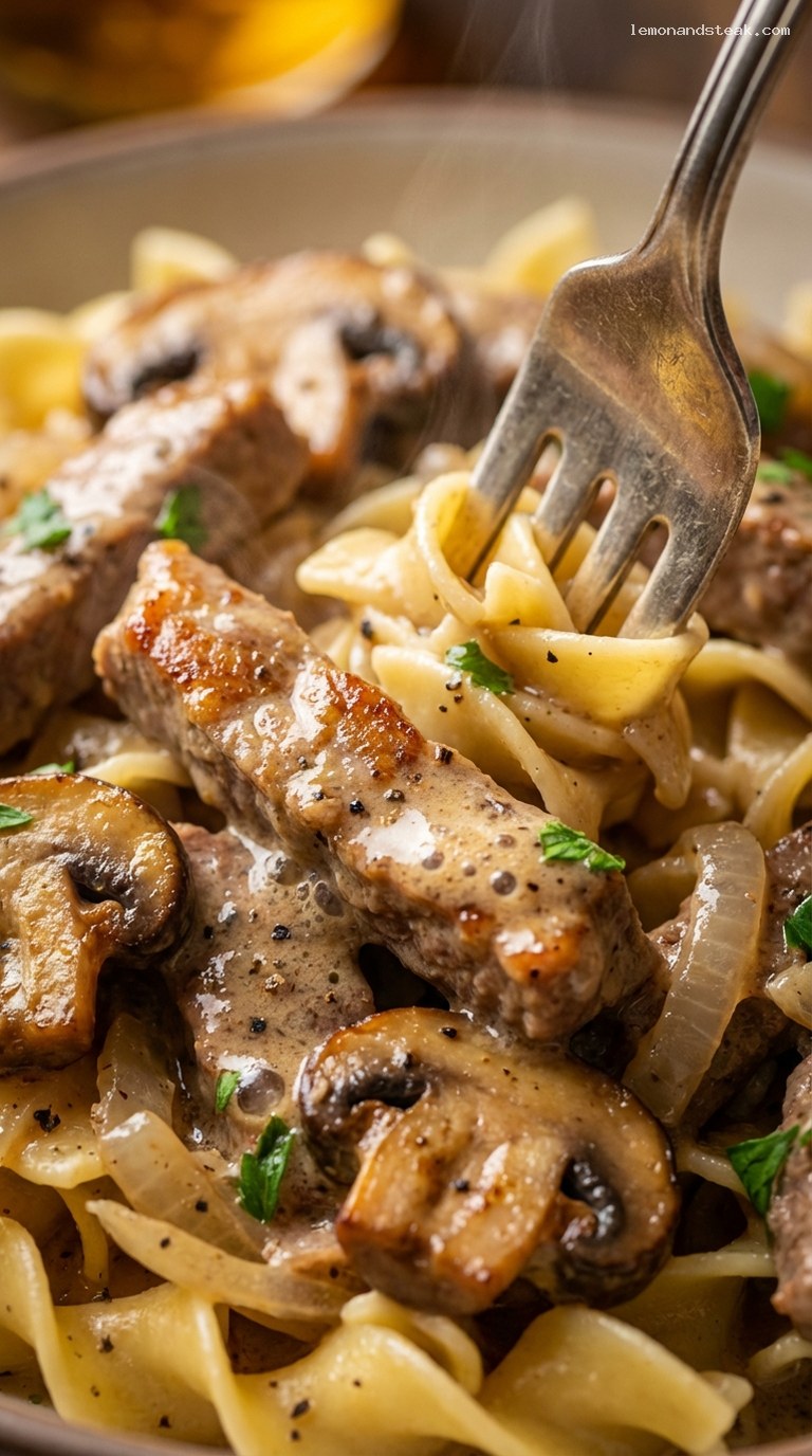 Creamy Beef Stroganoff with Mushrooms Over Egg Noodles – Closeup