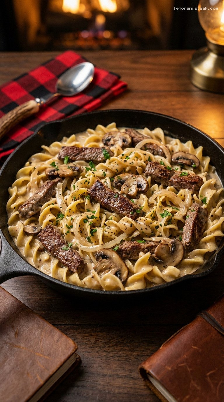 Creamy Beef Stroganoff With Mushrooms Over Egg Noodles