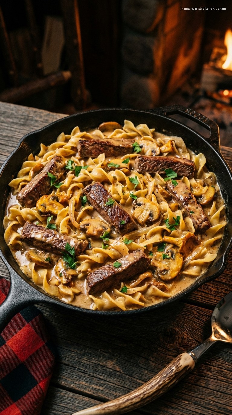 Creamy Beef Stroganoff with Mushrooms Over Egg Noodles