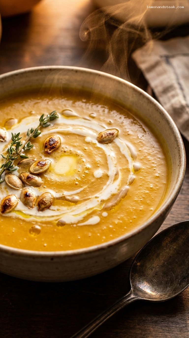 Creamy Butternut Squash and Apple Bisque with Spices – Closeup